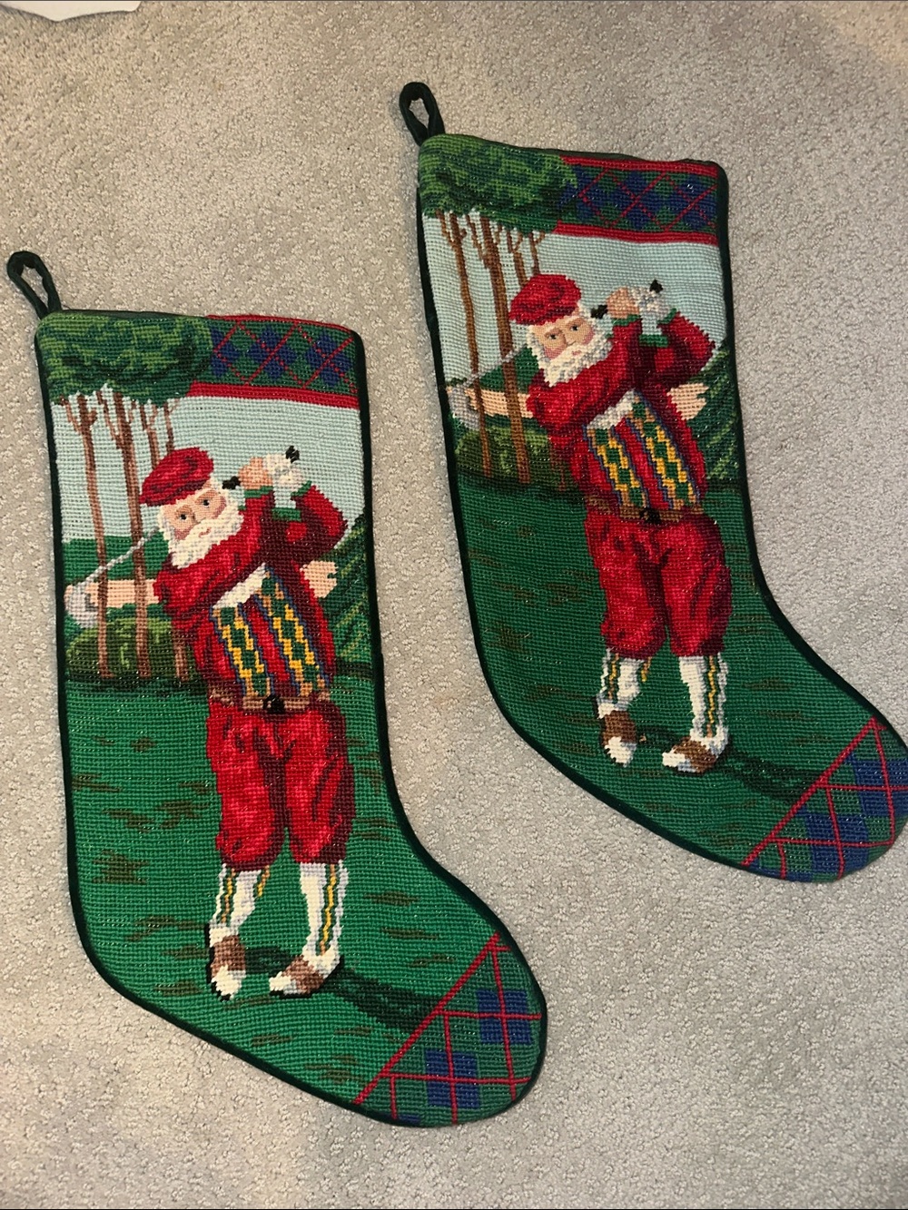 (2) Vintage Needlepoint Golfing Santa Holiday Stocking - Mint Condition!